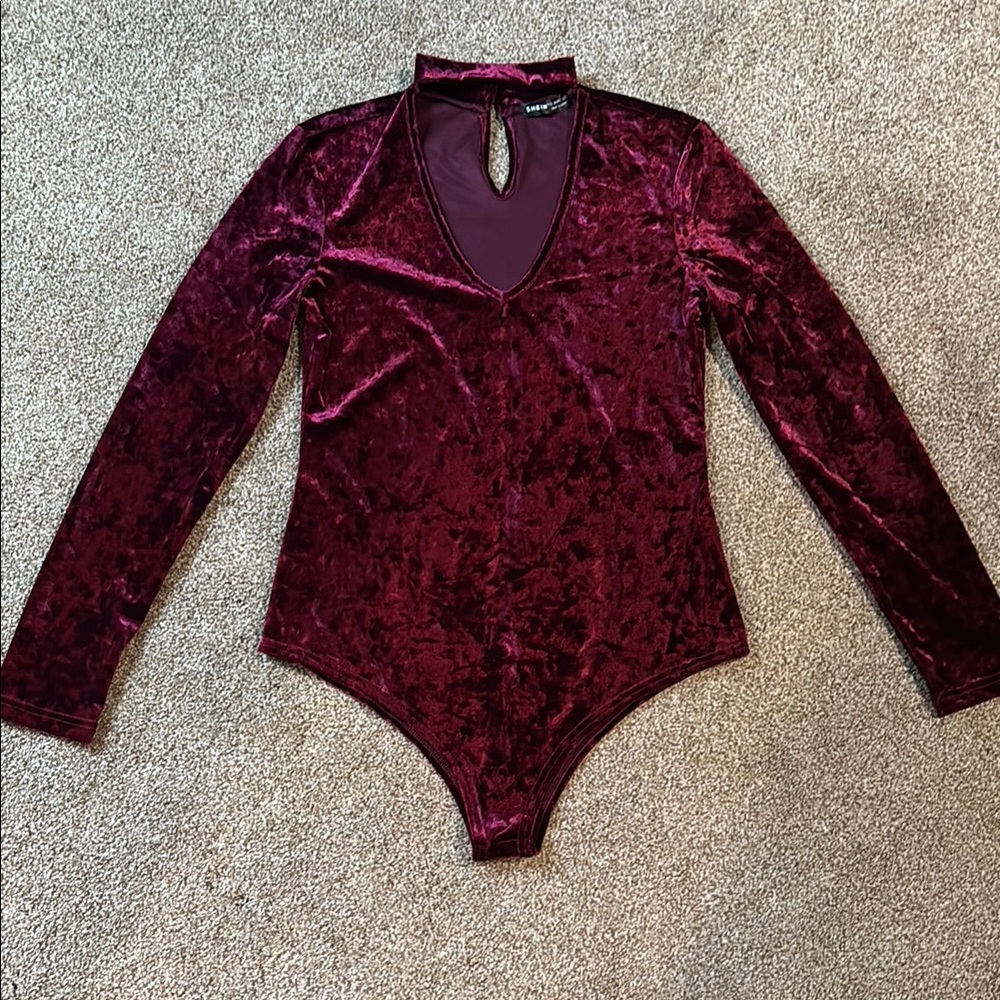 Burgundy Velvet Long Sleeve Bodysuit